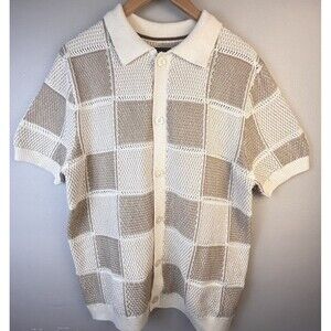 Steel & Jelly SS button Down Collared Knit Shirt Beige Checkerboard Mens large
